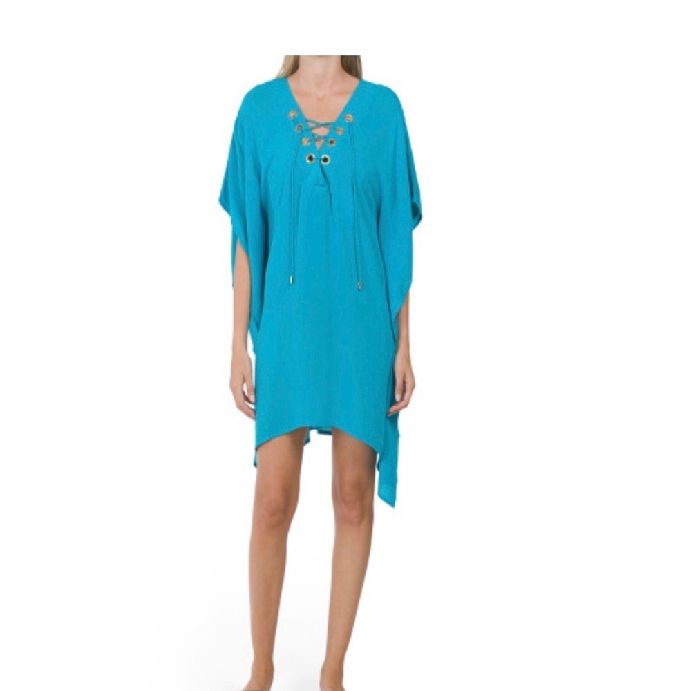La Blanca Womens Blue Lace Up Grommet Swim Cover Up Tunic Dress Medium Resort